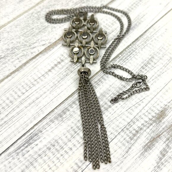 Boho Style Tassel Necklace Silver Tone 23 Inch Length - Picture 3 of 4